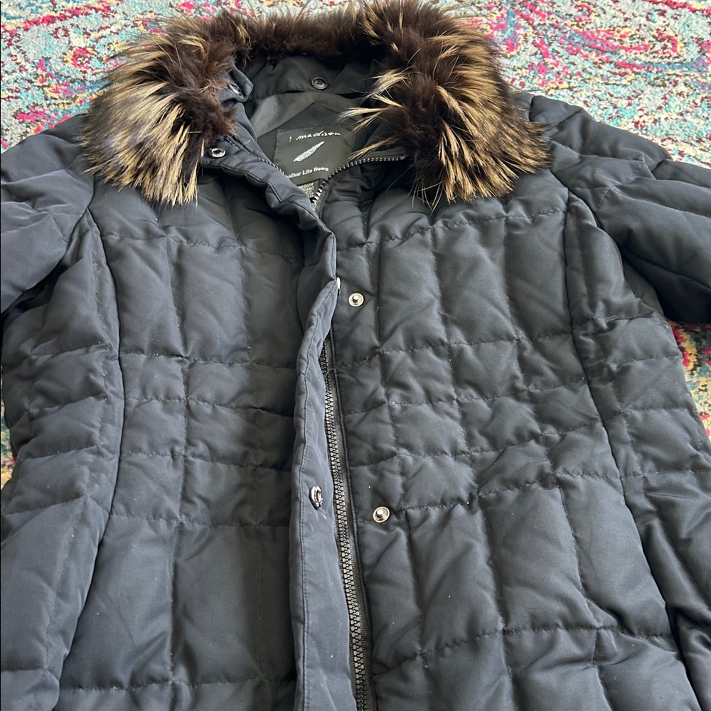 1 Madison Black feather lite down Parka Fox fur collar medium - Picture 5 of 8